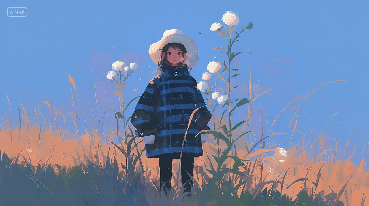 女孩站在秋冬草地花朵蓝天电脑壁纸