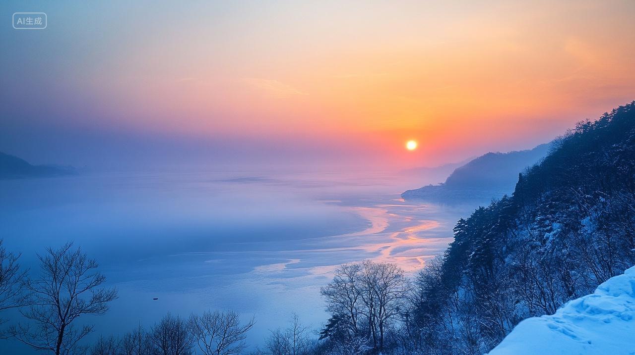 冬季冬天夕阳下海边云雾缠绕山峰人间仙境宁静大雪小雪大寒立冬冬至小寒大寒大雪自然风景风光背景电脑壁纸