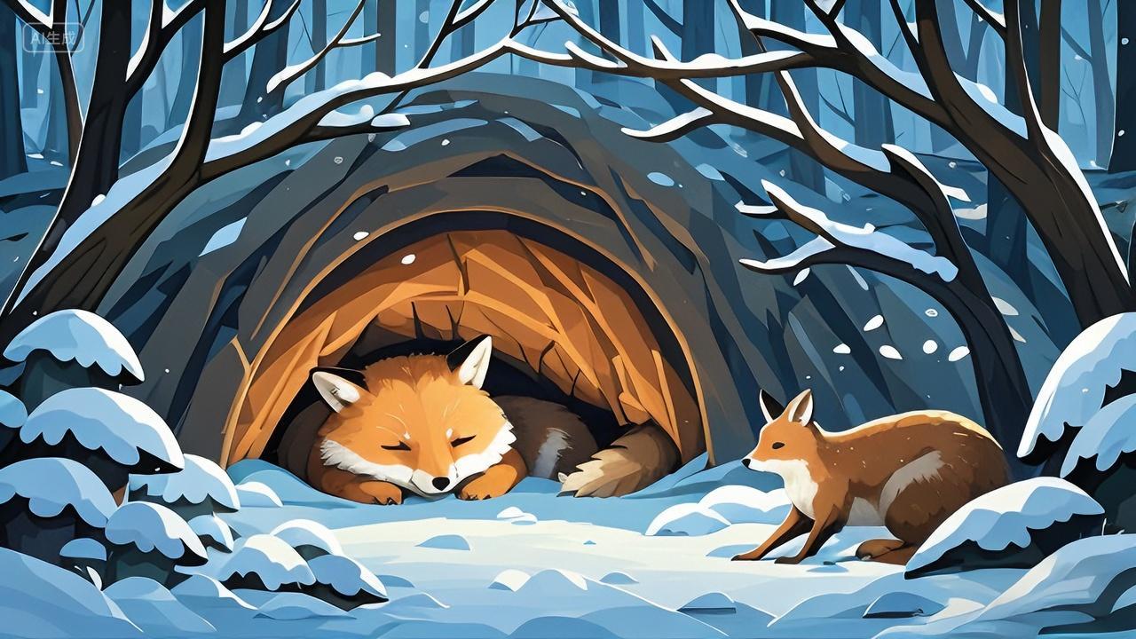 冬天小动物小狐狸洞穴冬眠插画