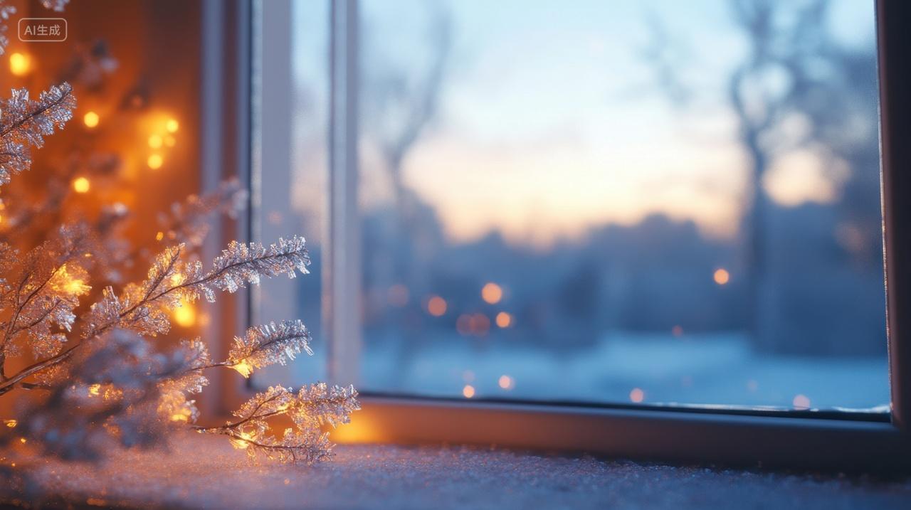 圣诞节装饰的窗角景色下雪雪天唯美浪漫西方节日温馨图片