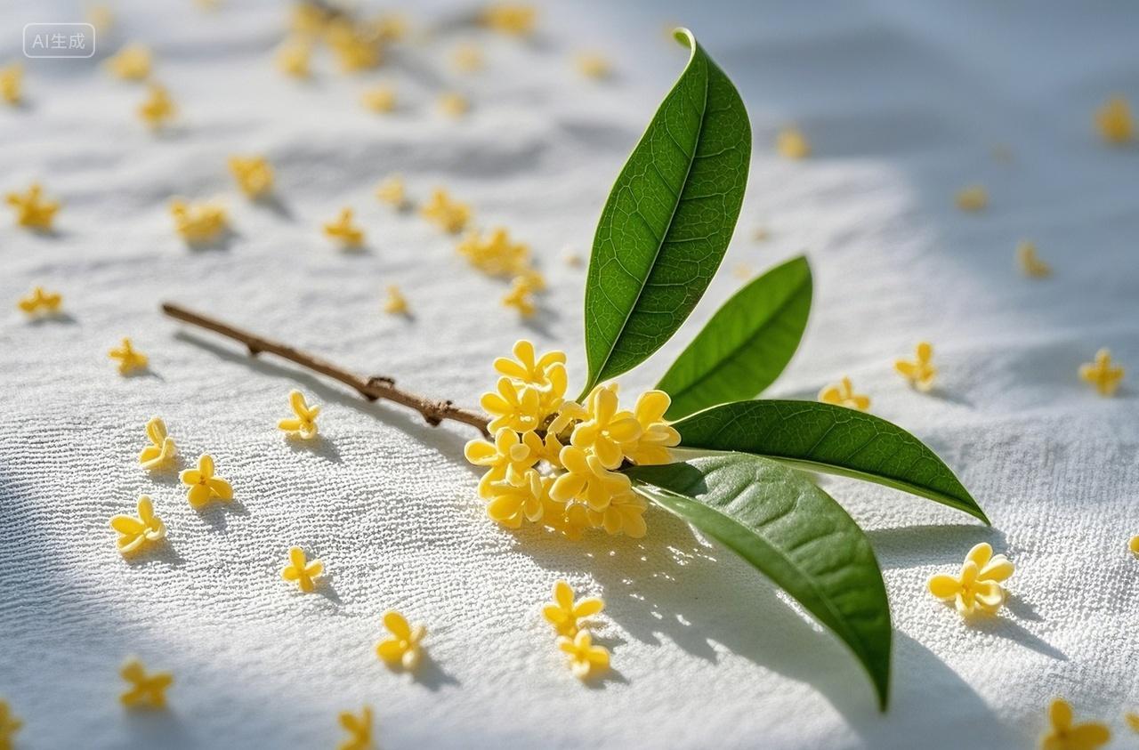 秋天桂花枝叶暖阳光源纹样纺织布花卉植物静物摄影