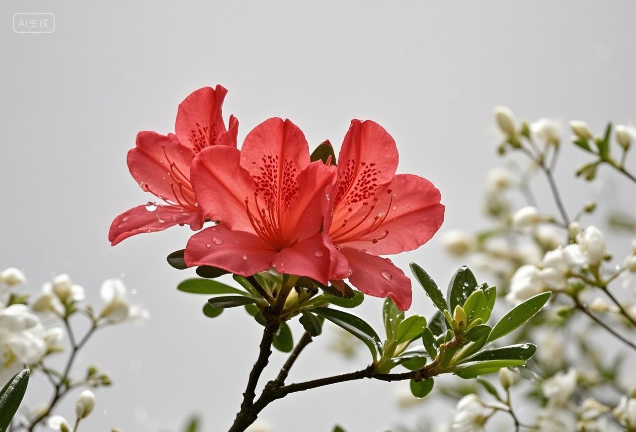 红色杜鹃花花朵花卉盛开文艺小清新特写摄影图