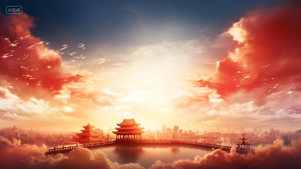 2025新年红色云彩建筑房屋湖泊云雾缠绕温馨喜庆渐变元旦节背景