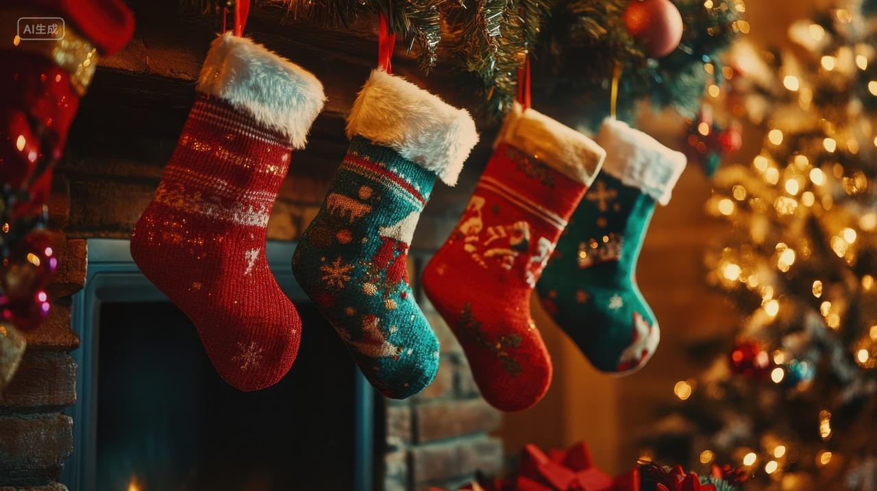圣诞节圣诞袜与壁炉的温馨场景圣诞装饰圣诞送礼物图片