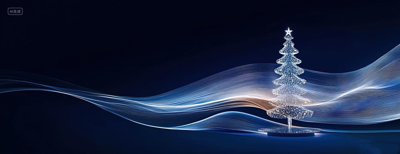 科技感圣诞节一颗发光的圣诞树流动光电线条蓝色圣诞节背景