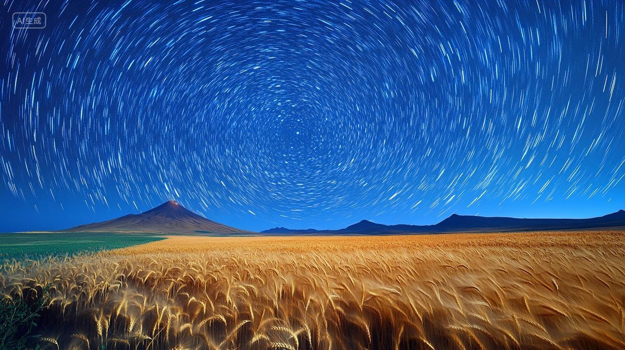 夜空星空星轨麦田田野唯美浪漫背景图电脑壁纸