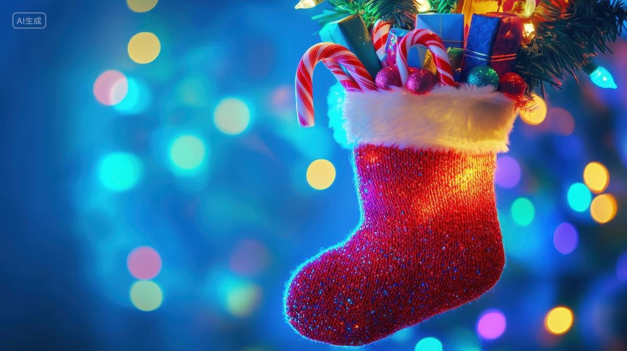 圣诞节闪耀的圣诞夜里的圣诞袜西方节日氛围图片