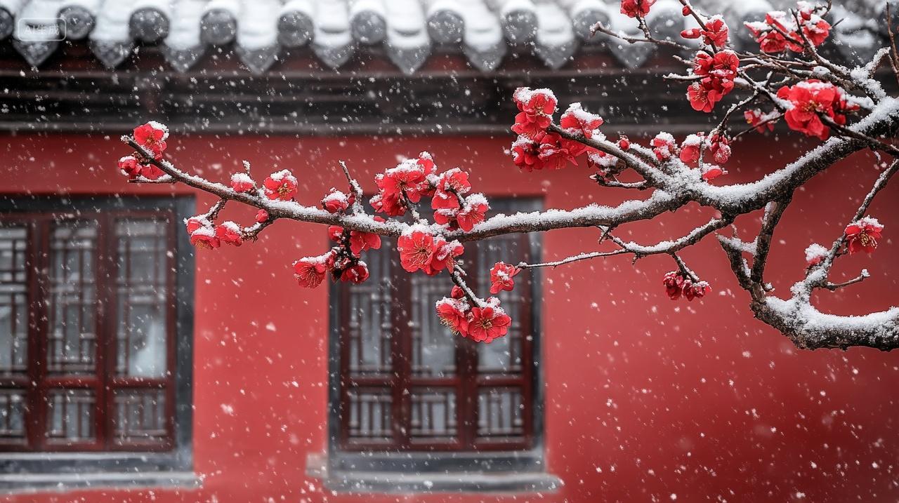 冬季傲雪红梅花盛开红墙自然风光风景雪景唯美意境寒冬小雪大雪背景图电脑壁纸