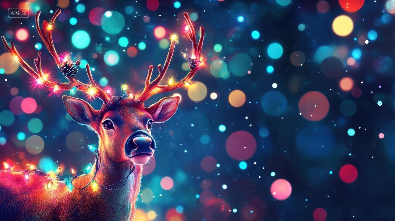 圣诞节梦幻光斑中的圣诞节驯鹿唯美浪漫西方节日氛围背景图