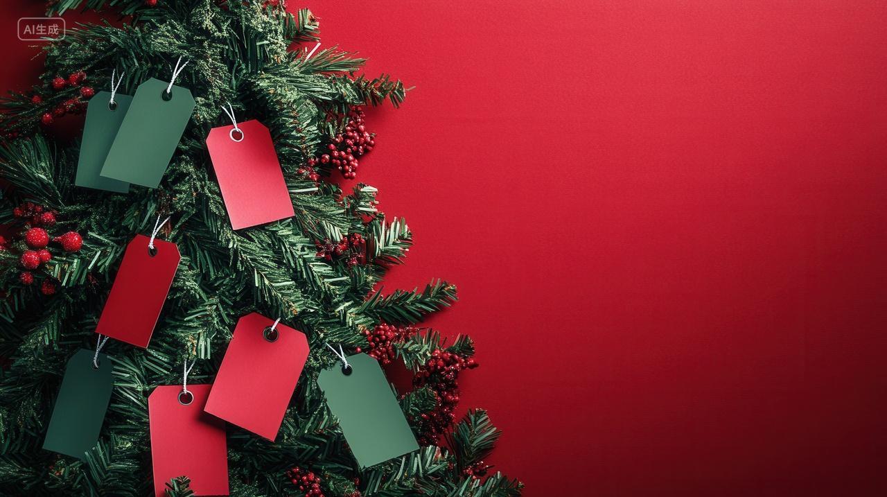 圣诞节圣诞树上的促销礼物标签西方节日氛围背景图