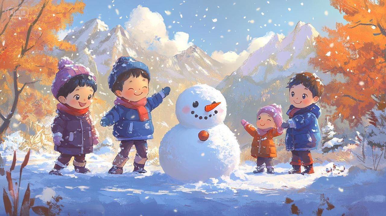 冬天可爱小朋友儿童和雪人玩耍冬季风景蓝天橙树雪山背景小雪大寒小寒插画