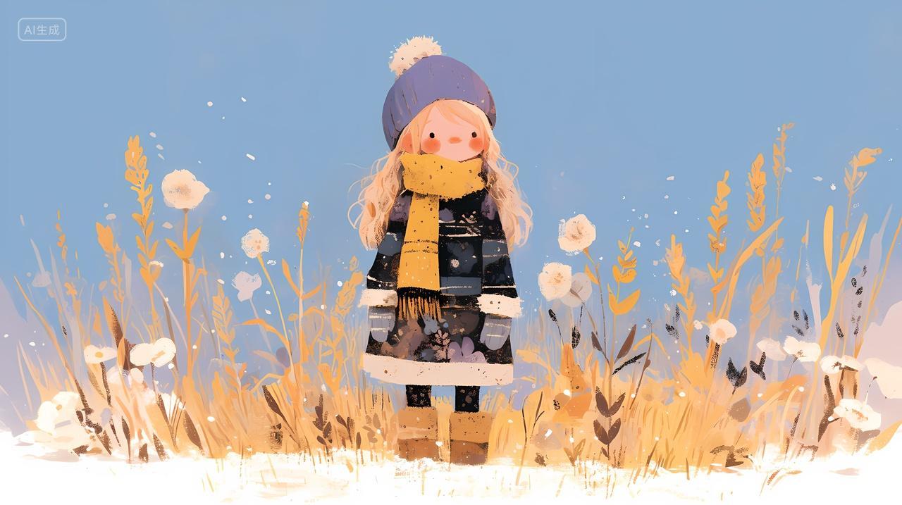 女孩站在雪地上草丛花朵蓝天