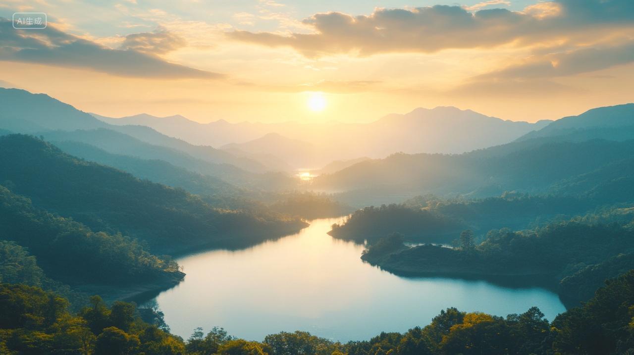 春天春季清晨阳光照耀山野清澈湖泊绿水青山立春春天春分宁静大自然风景风光背景图电脑壁纸