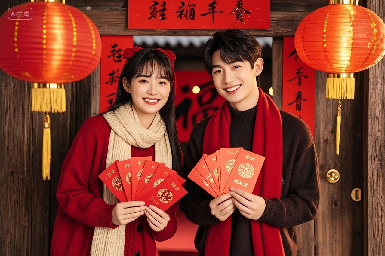 2025年新年蛇年人物摄影穿着中式服装女孩男孩情侣兄妹手拿红包开心过年喜庆灯笼