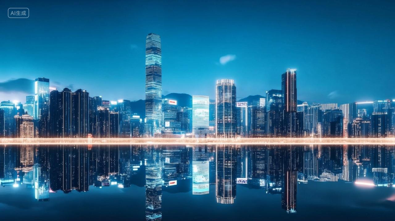 壮观繁华城市夜景湖面倒影蓝色科技感城市背景图