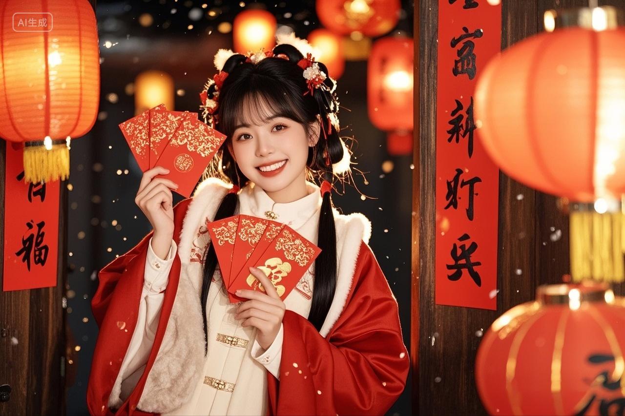 2025年新年蛇年人物摄影穿着中式服装女孩手拿红包开心过年喜庆灯笼摄影