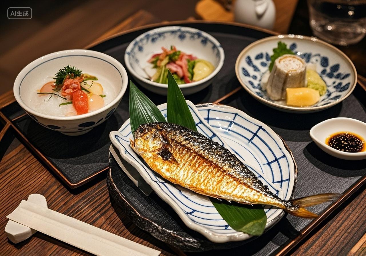 烤青花鱼日料套餐烧烤美食菜单中餐中华料理食物广告宣传展示实拍摄影图
