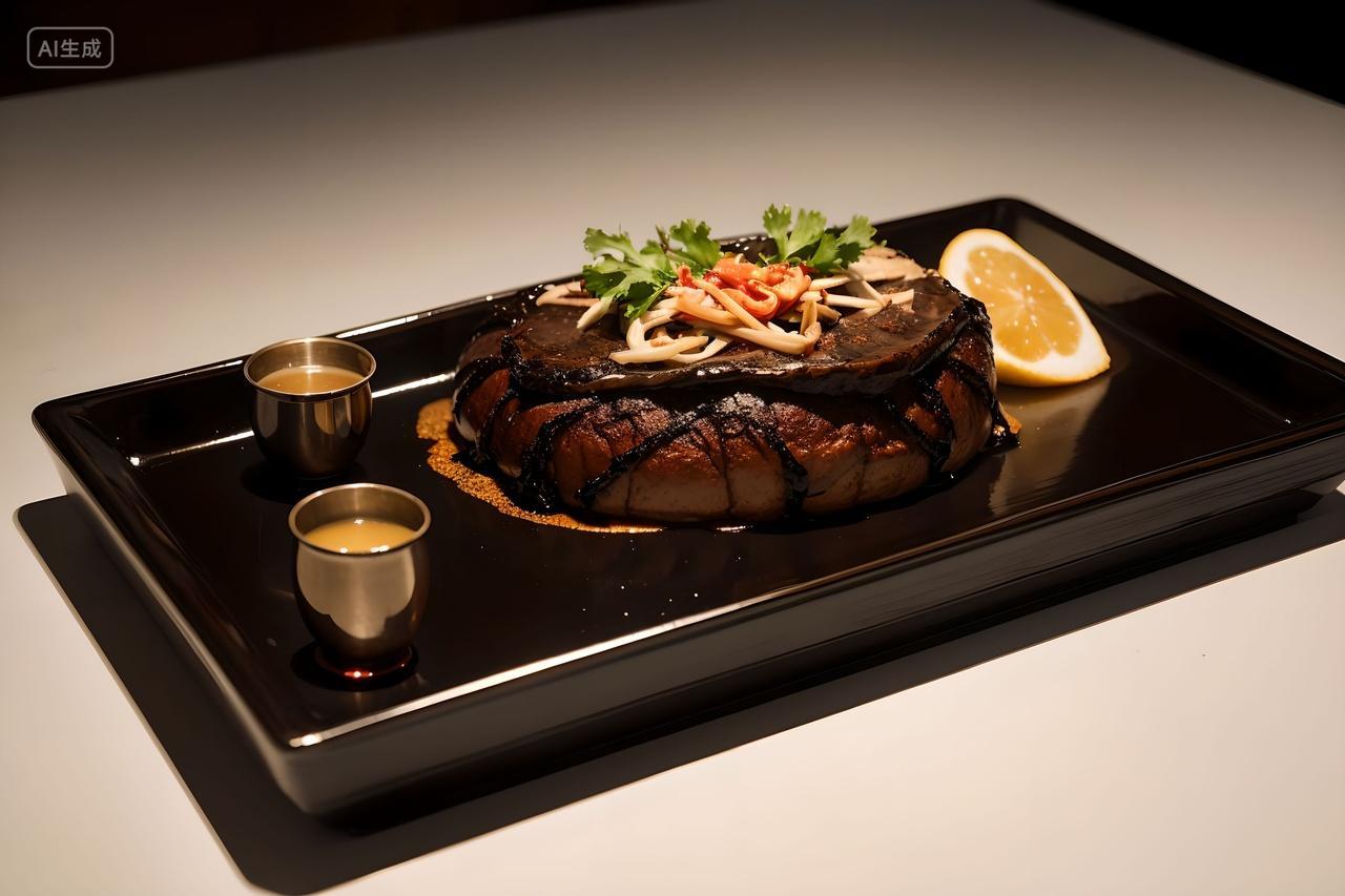 黑色盘子上放着牛排美食图片