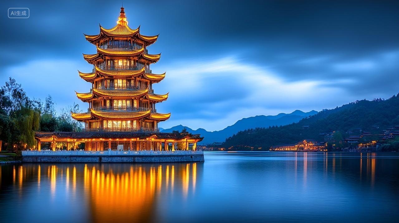 傍晚黄昏湖北武汉黄鹤楼美丽灯光夜景人文风景山水旅游景点创意图片电脑壁纸