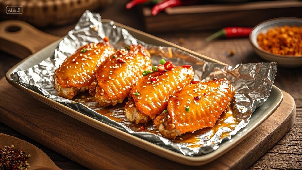 诱人鲜嫩的奥尔良蜜汁烤鸡翅锡纸烧烤美味食品小吃美食产品菜单广告宣传展示图实拍摄影图