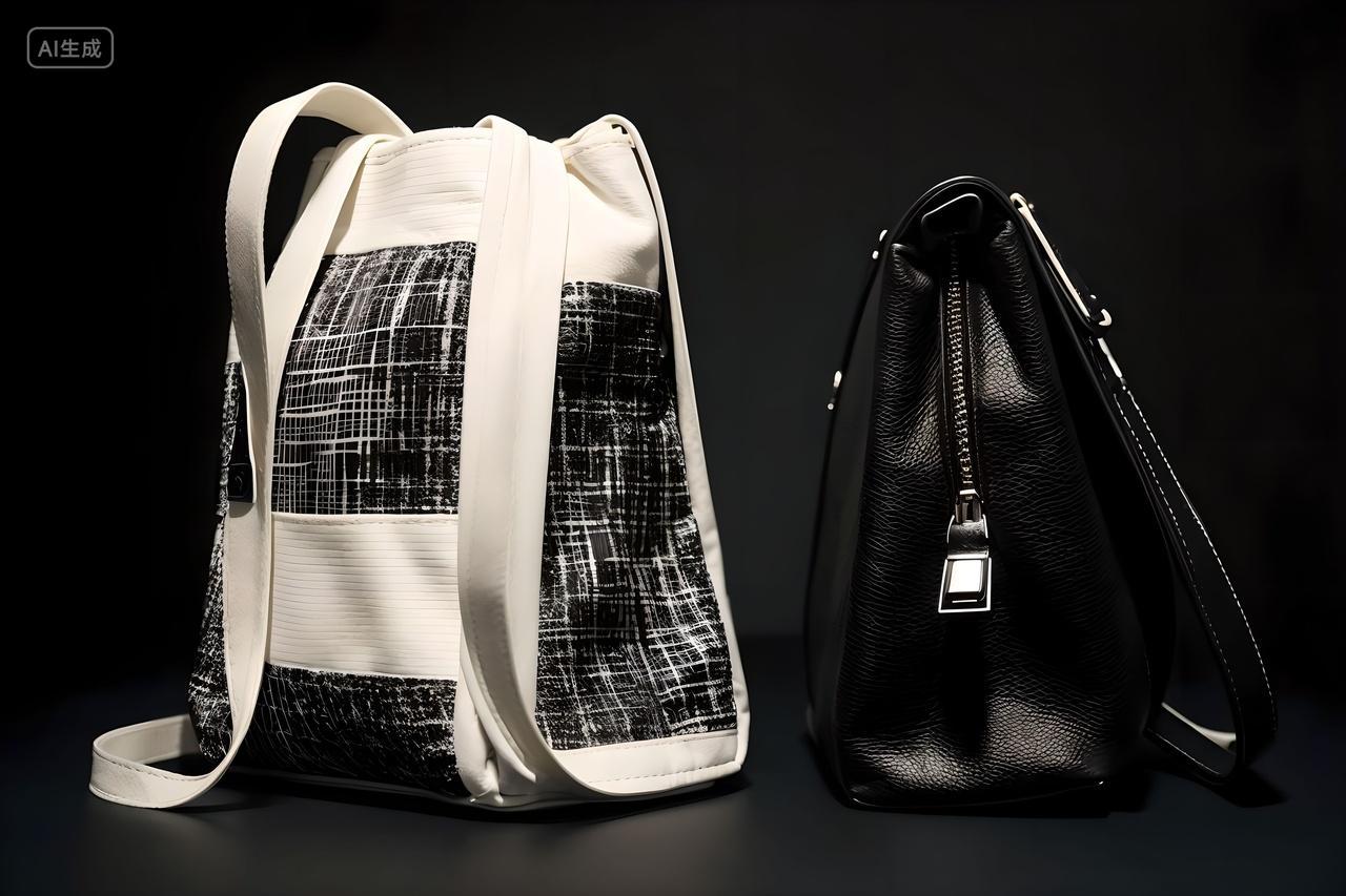 商业图正面拍摄的黑白相间的肩包和黑色手包的产品实物静物包类实拍图