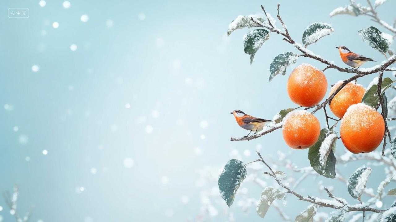 冬季冬天发光背景下雪柿子树冰雪覆盖大雪小雪小寒大寒冬天立冬冬天渐变插画唯美背景