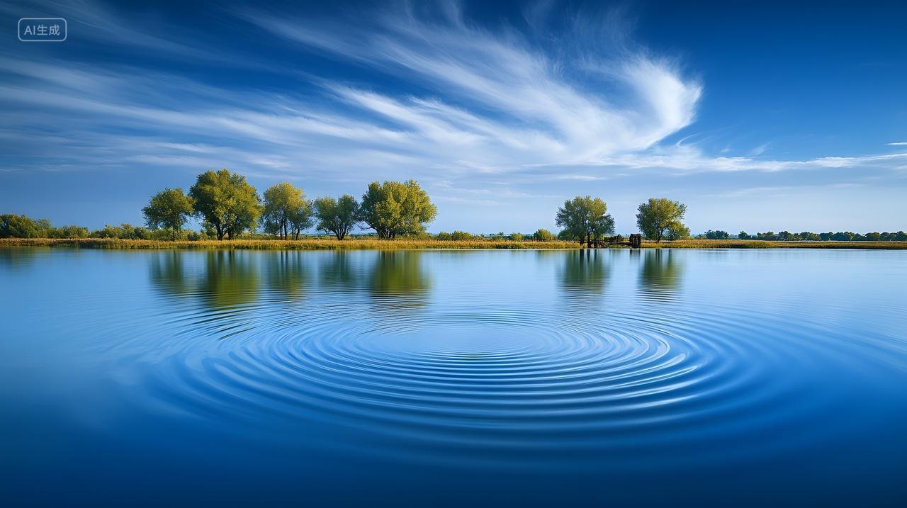 早上清晨早晨蓝天白云下的湖泊涟漪大自然风景风光电脑壁纸背景图