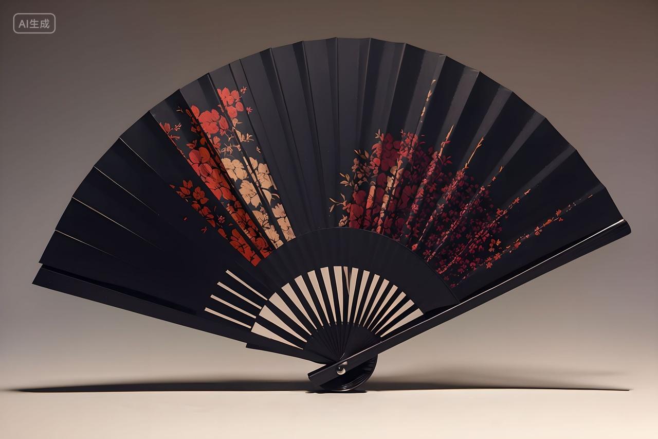 中国风黑金梅花漆扇折扇扇子广告宣传展示摄影图片