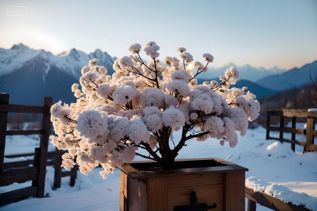 清晨雪山下的粉色绣球荚蒾图片
