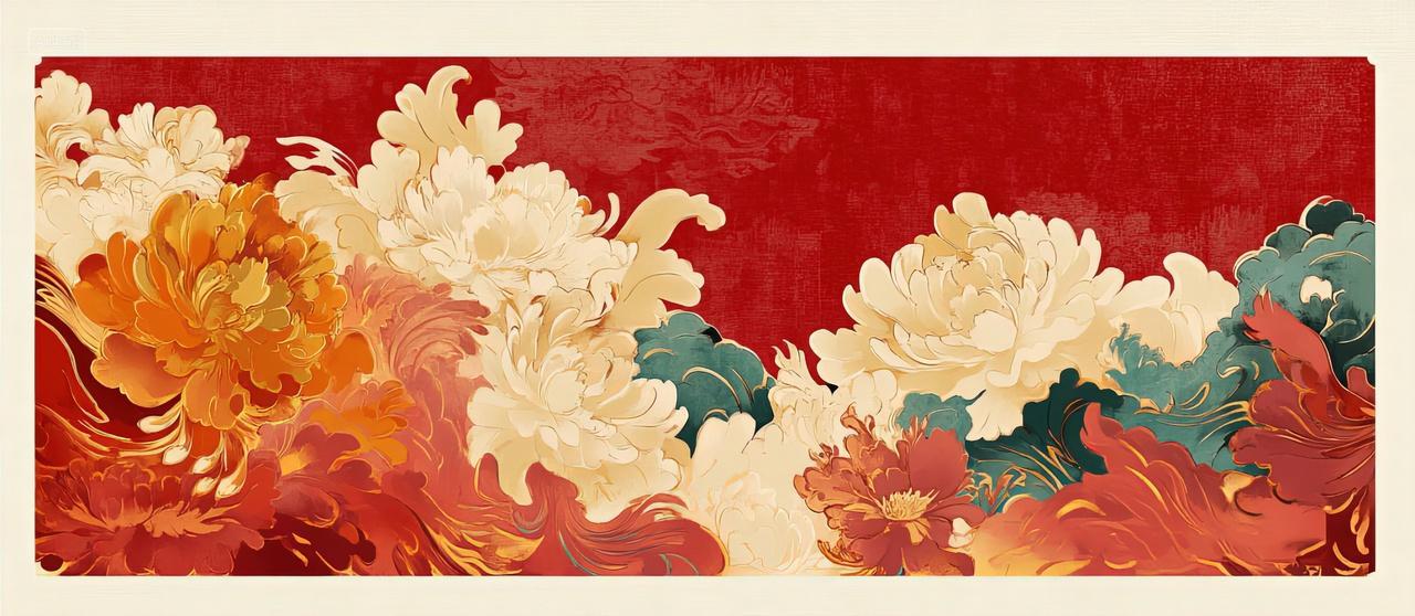 2025年新年新春蛇年大气喜庆牡丹花卉春节背景图挂画刺绣印刷