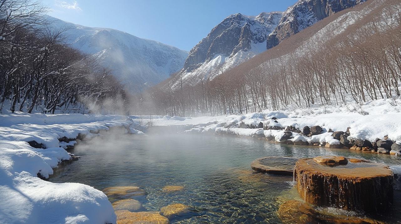 冬天严寒寒冬冬季大山里的温泉溪流雪景自然风景风光