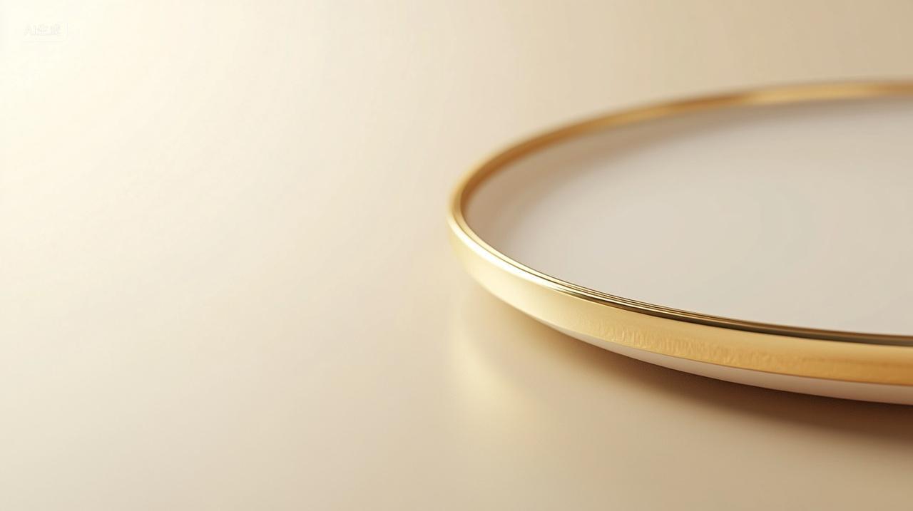 白色金边盘子特写浅金背景渐变广告宣传产品实拍摄影图