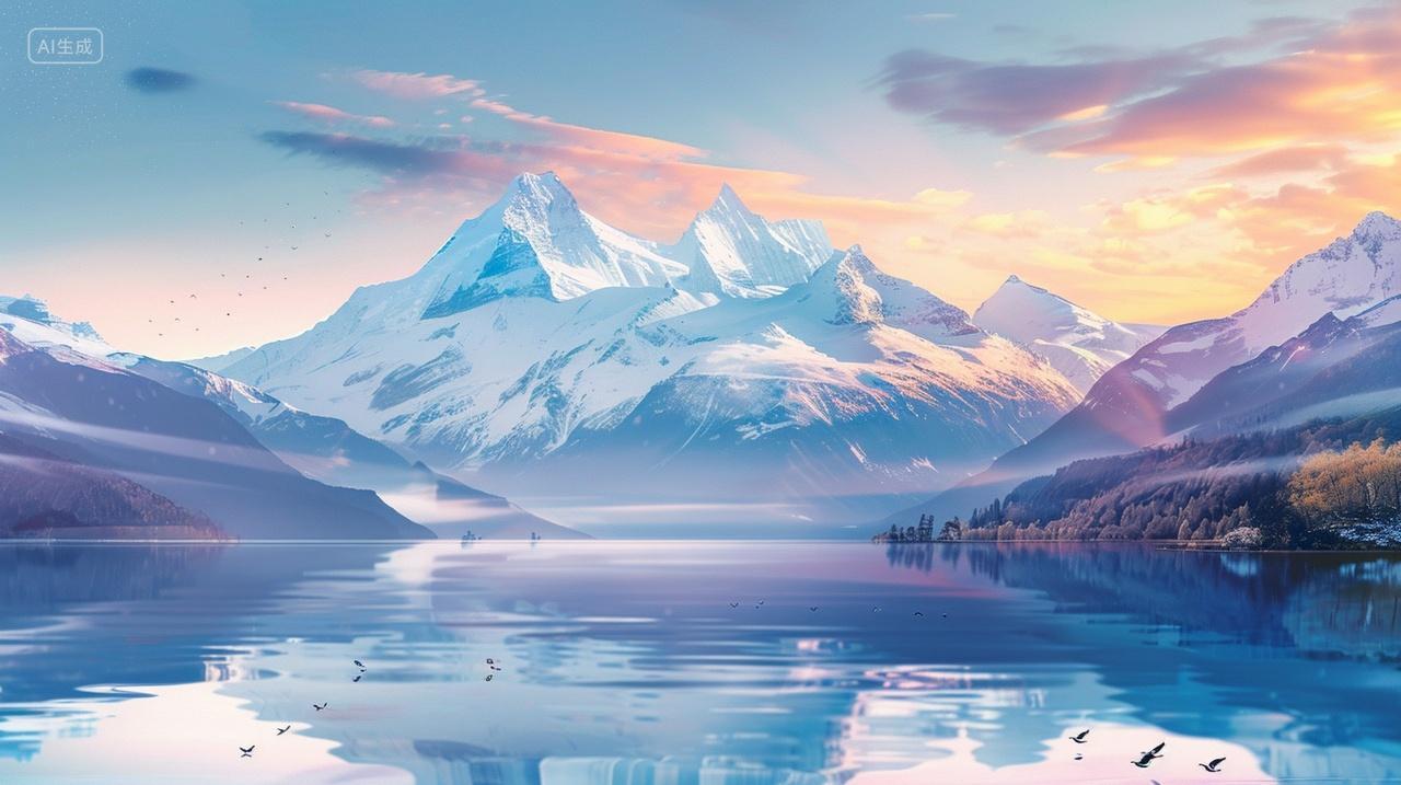 冬天冬季蓝天黄昏下晚霞下雪山倒影在湖泊宁静安静小雪大雪小寒大寒山水自然风景风光抽象唯美插画背景图电脑壁纸