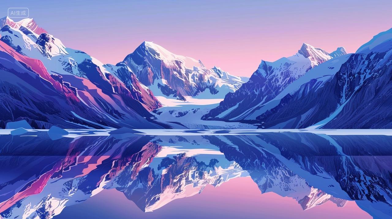 冬天冬季黄昏下雪山水倒影在湖泊宁静立体小雪大雪小寒大寒自然风景风光抽象插画电脑壁纸