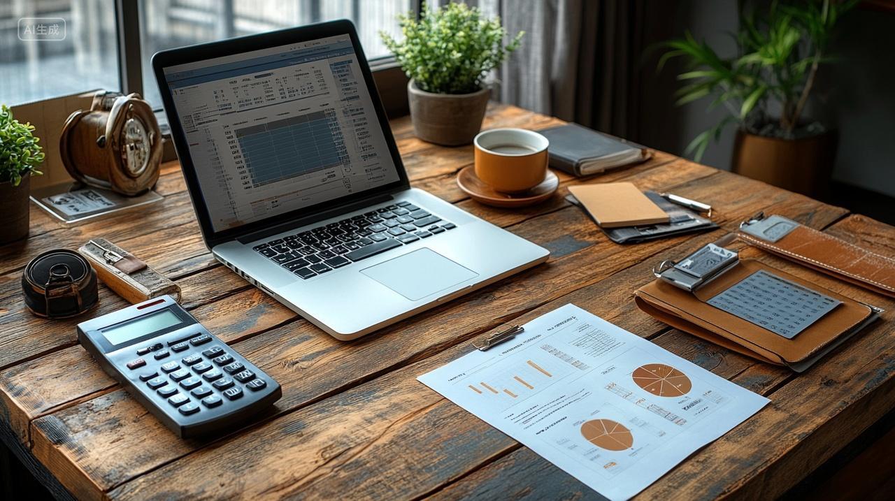 商务木桌上的笔记本电脑计算器数据图表背景工作总结年终总结