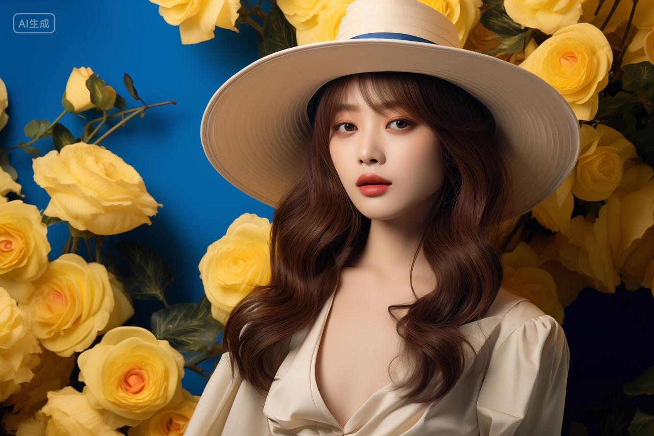 时尚美丽女子写真黄玫瑰背景三八妇女