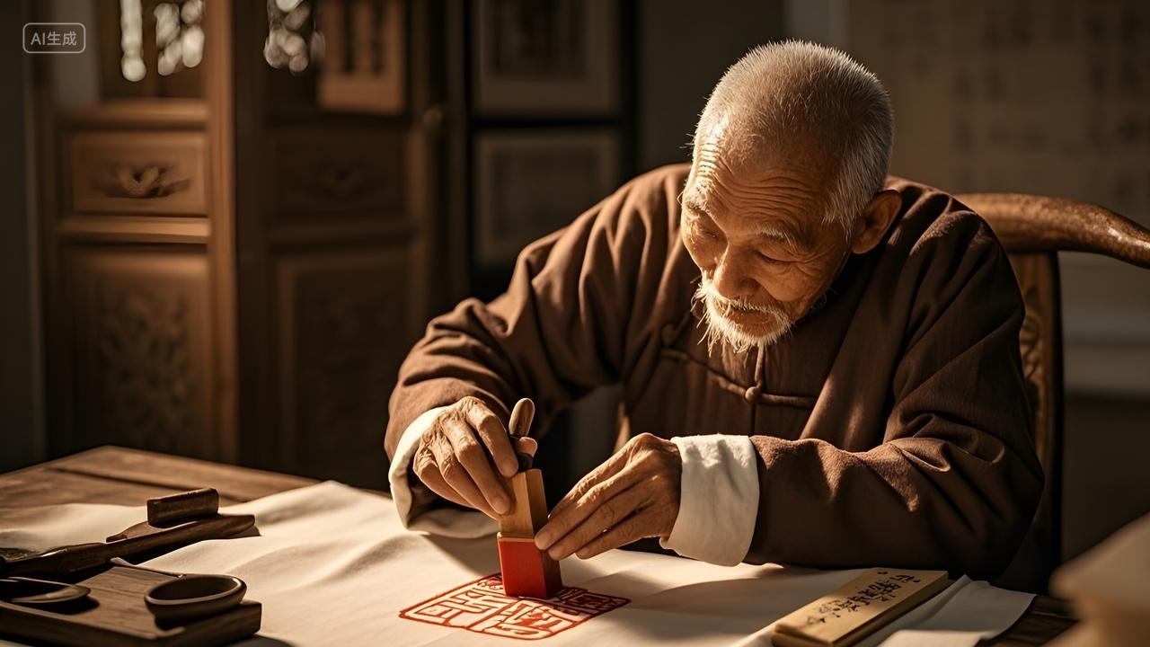 中国风传统篆刻文化老工匠室内专注雕刻传统工艺品