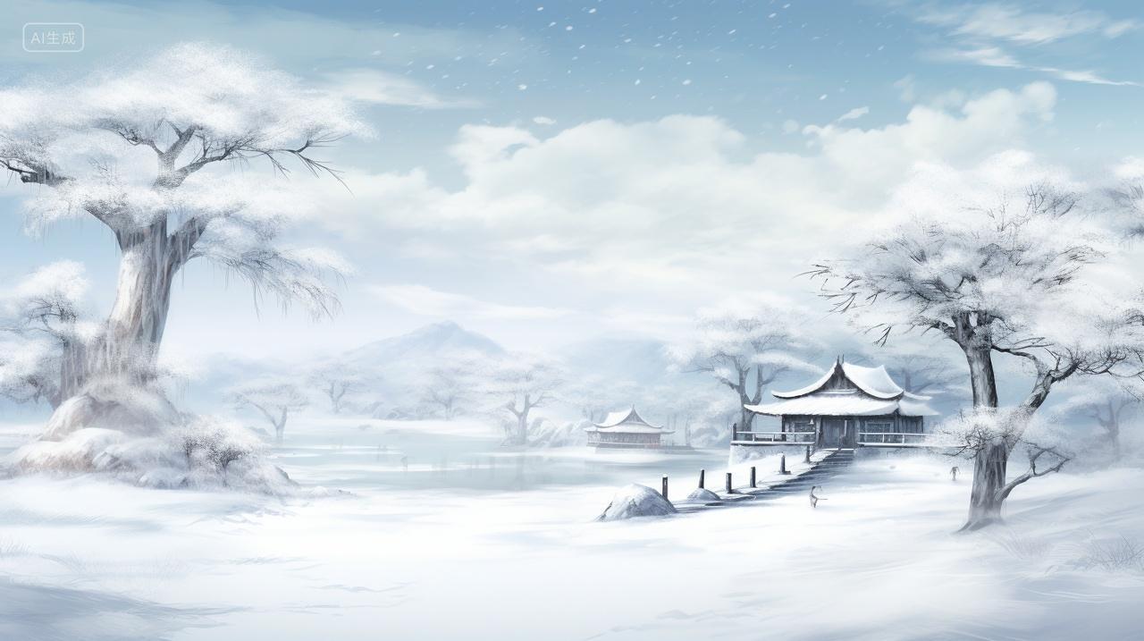 冬季冬天天空飘雪雪白乡镇森林小屋白雪皑皑古风国风渐变小雪大雪插画