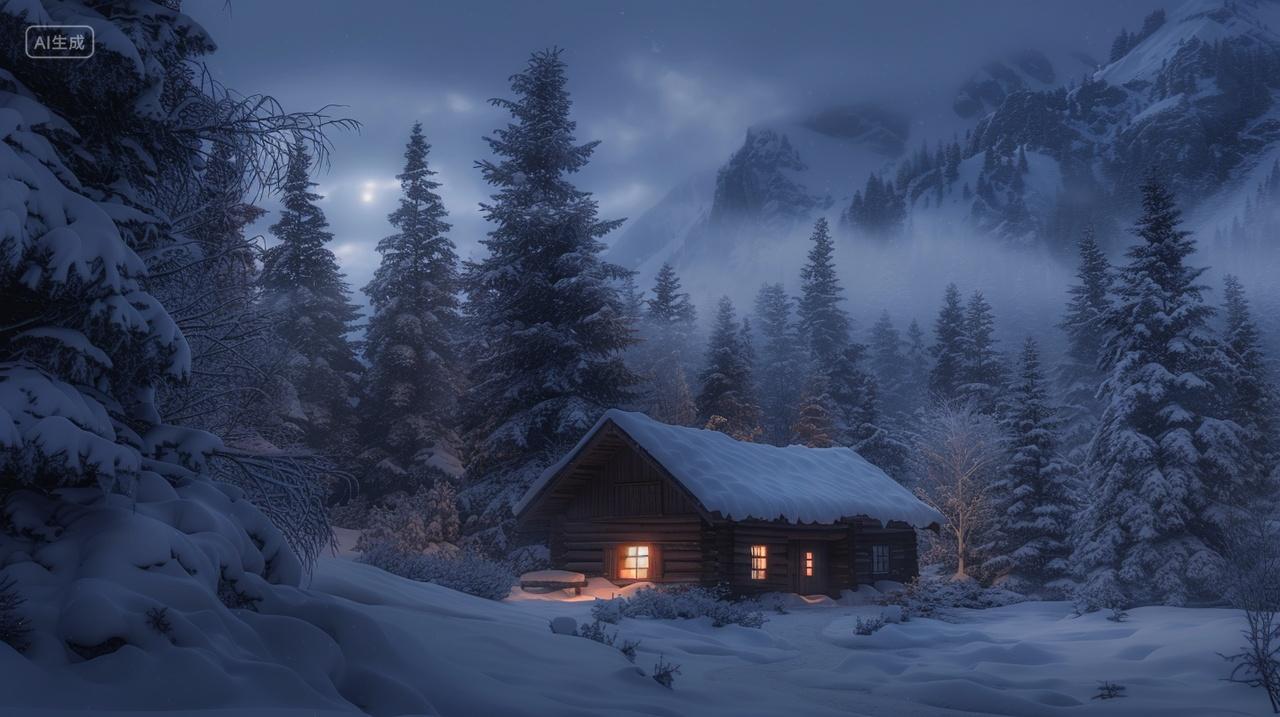 冬季冬天木屋雪地树木冬夜大雪屋内暖光山景云雾立冬冬至小雪插画