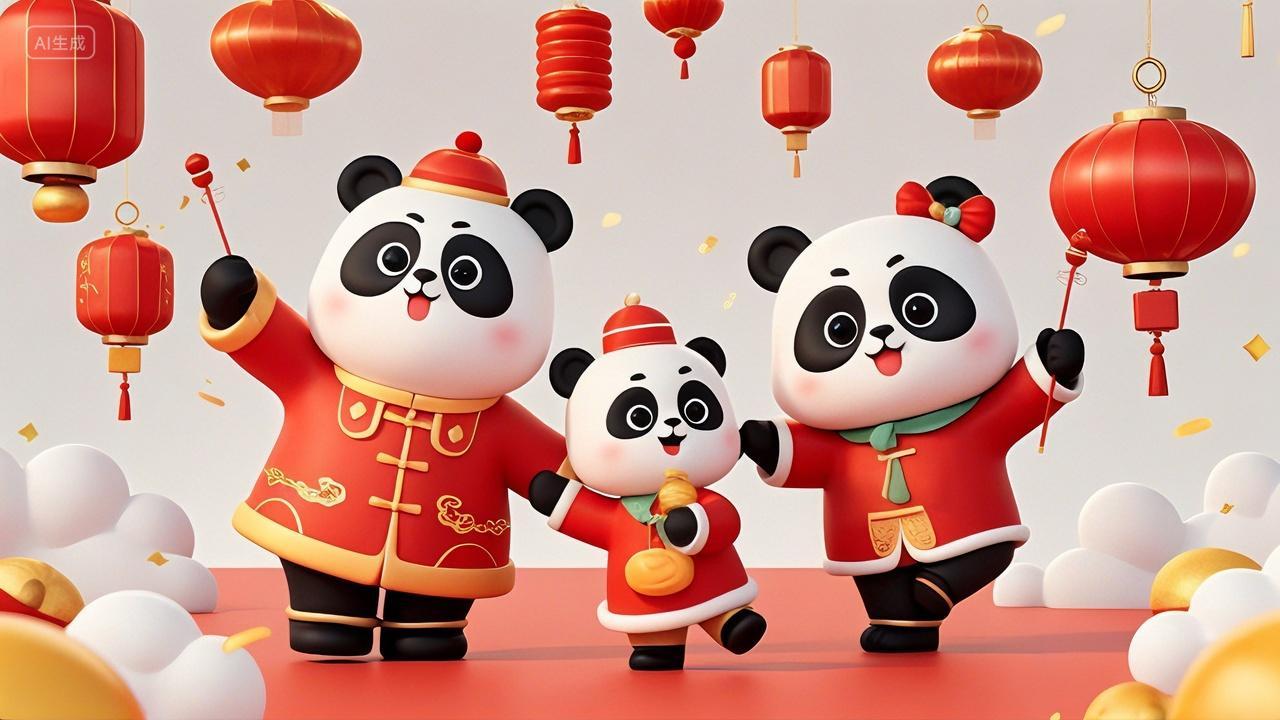 2025年新年蛇年新春春节熊猫一家人给大家拜年插画