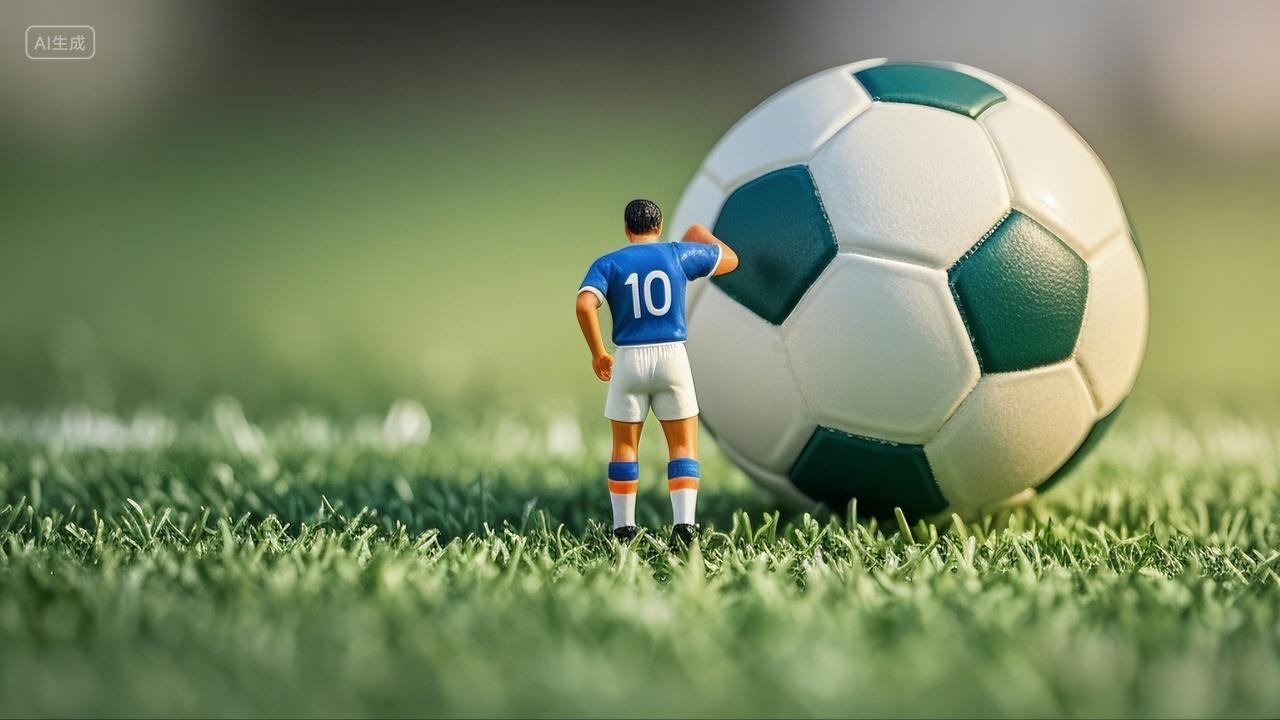 微距摄影足球运动员和巨大的足球