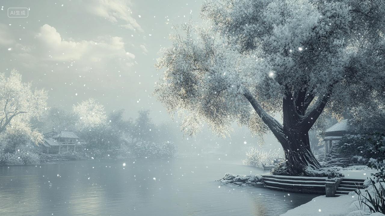 冬季冬天小雪大雪纷飞江南湖泊弯曲树木雪景静谧孤独白色寒冷意境唯美风景画插画
