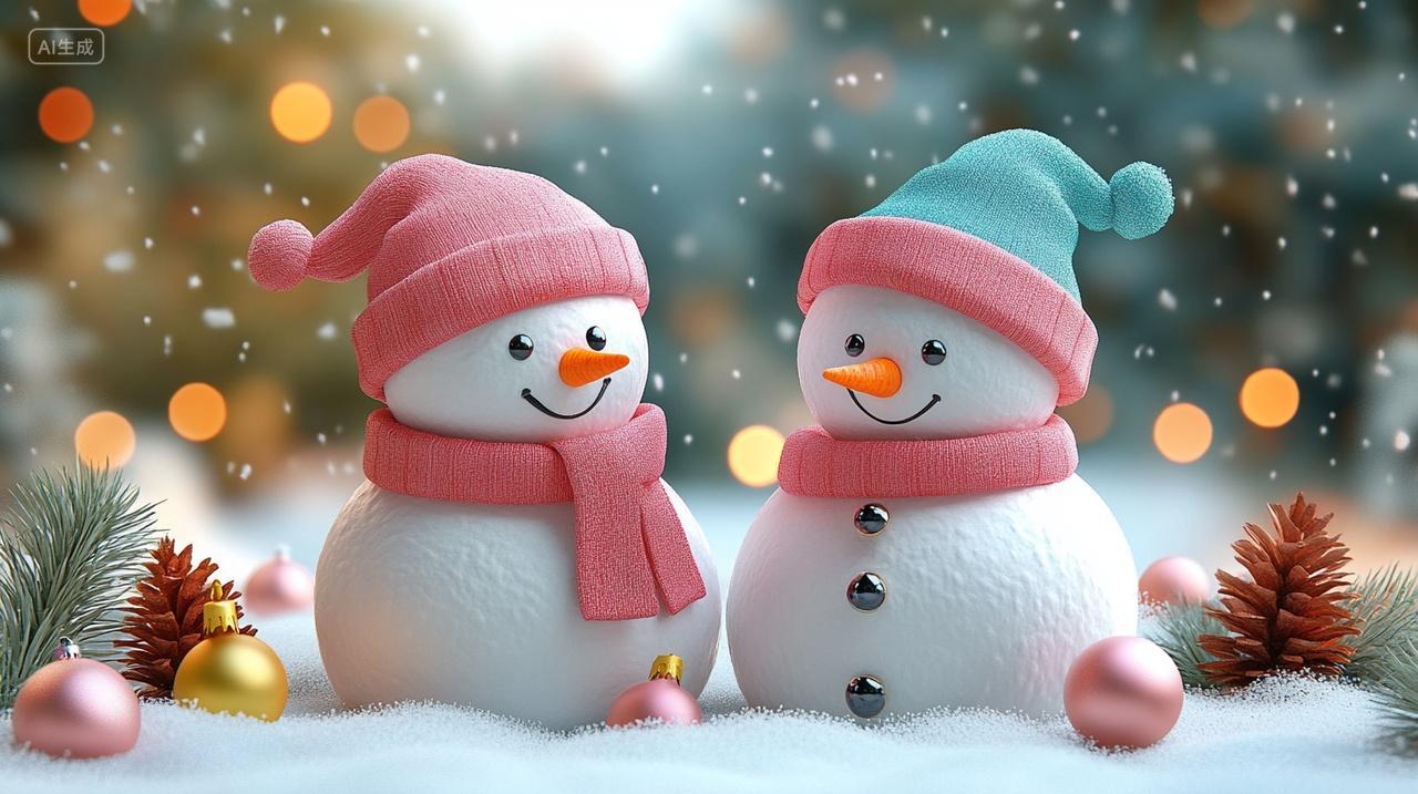 冬天下雪雪地里两个可爱的雪人背景图电脑壁纸