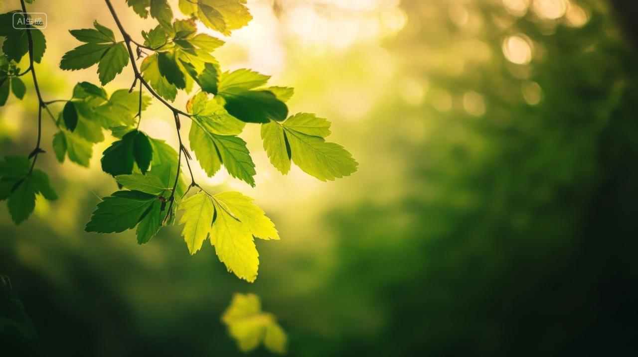 阳光照射进森林树叶嫩芽上植物风光风景绿色唯美背景图电脑壁纸