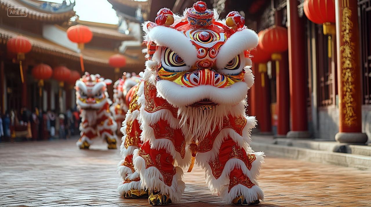 2025年蛇年新年春节中国风传统习俗民俗舞狮表演活动摄影图