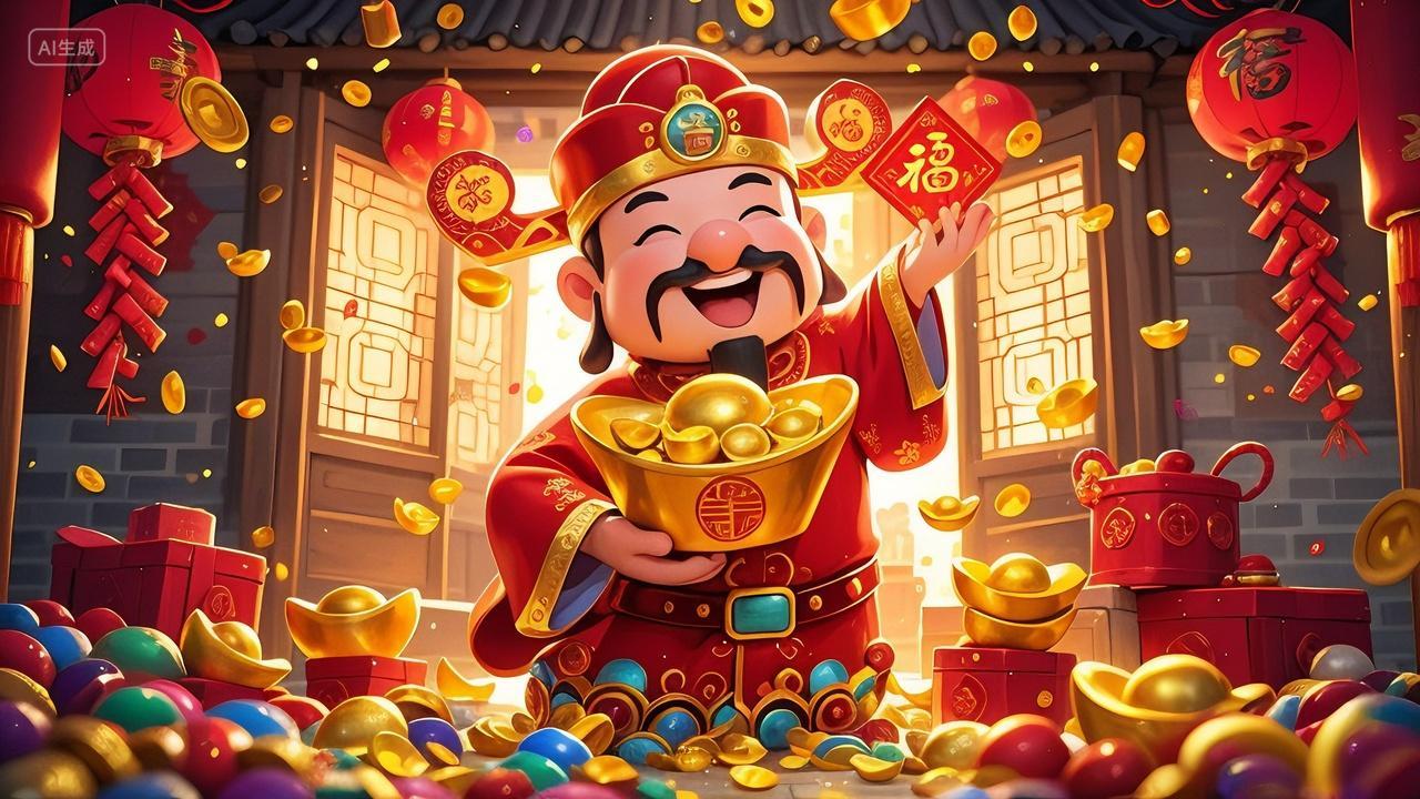 2025年新年蛇年新春春节过年喜迎财神爷插画