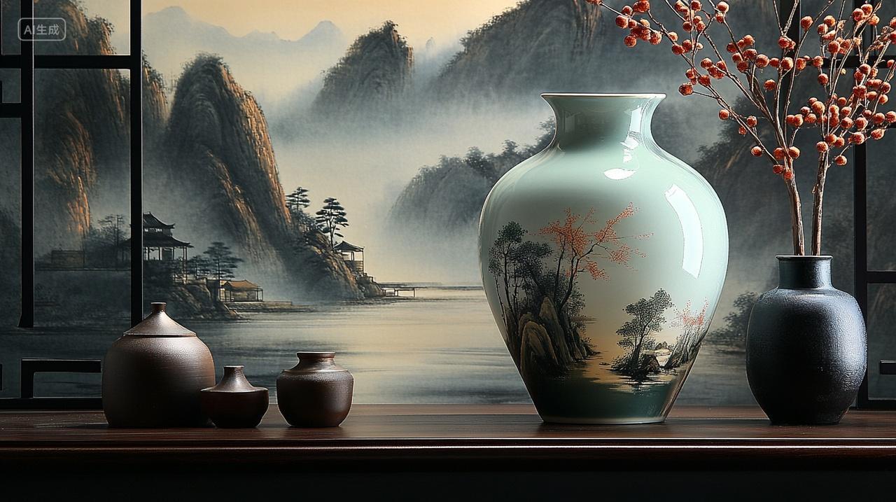 国潮陶瓷器山水背景室内装饰