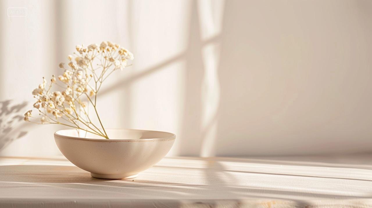 山水白碗一株白花背景促销页极简自然光平静安宁简单渐变背景图电脑壁纸