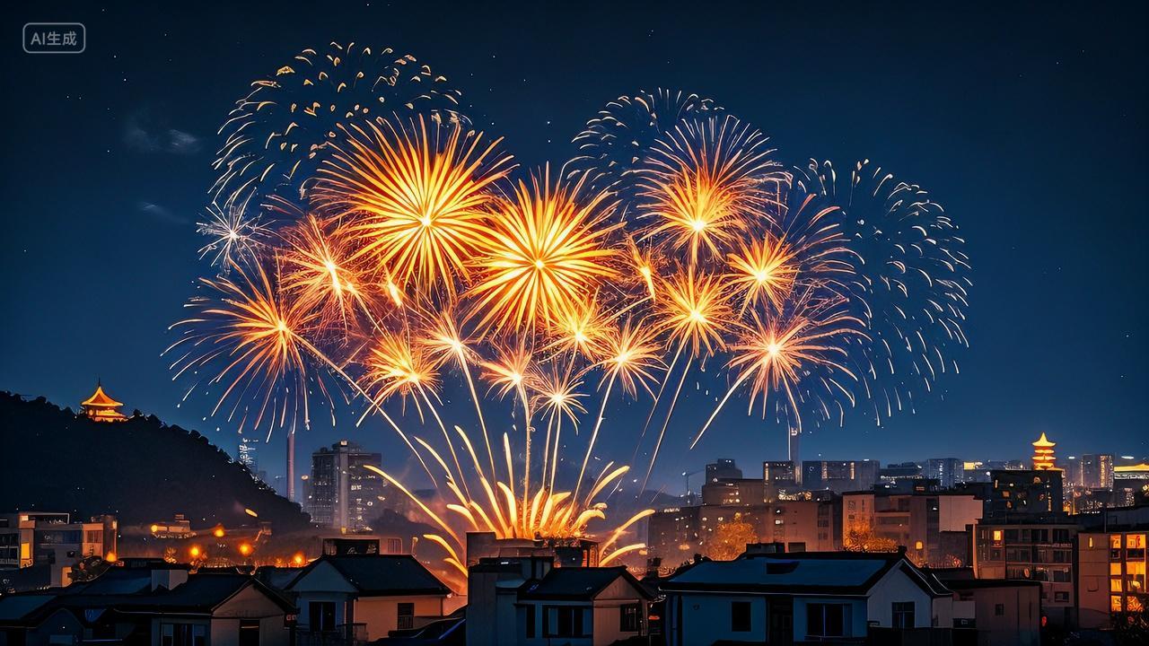 2025年蛇年新年春节新春除夕夜放烟花庆祝喜庆背景电脑壁纸