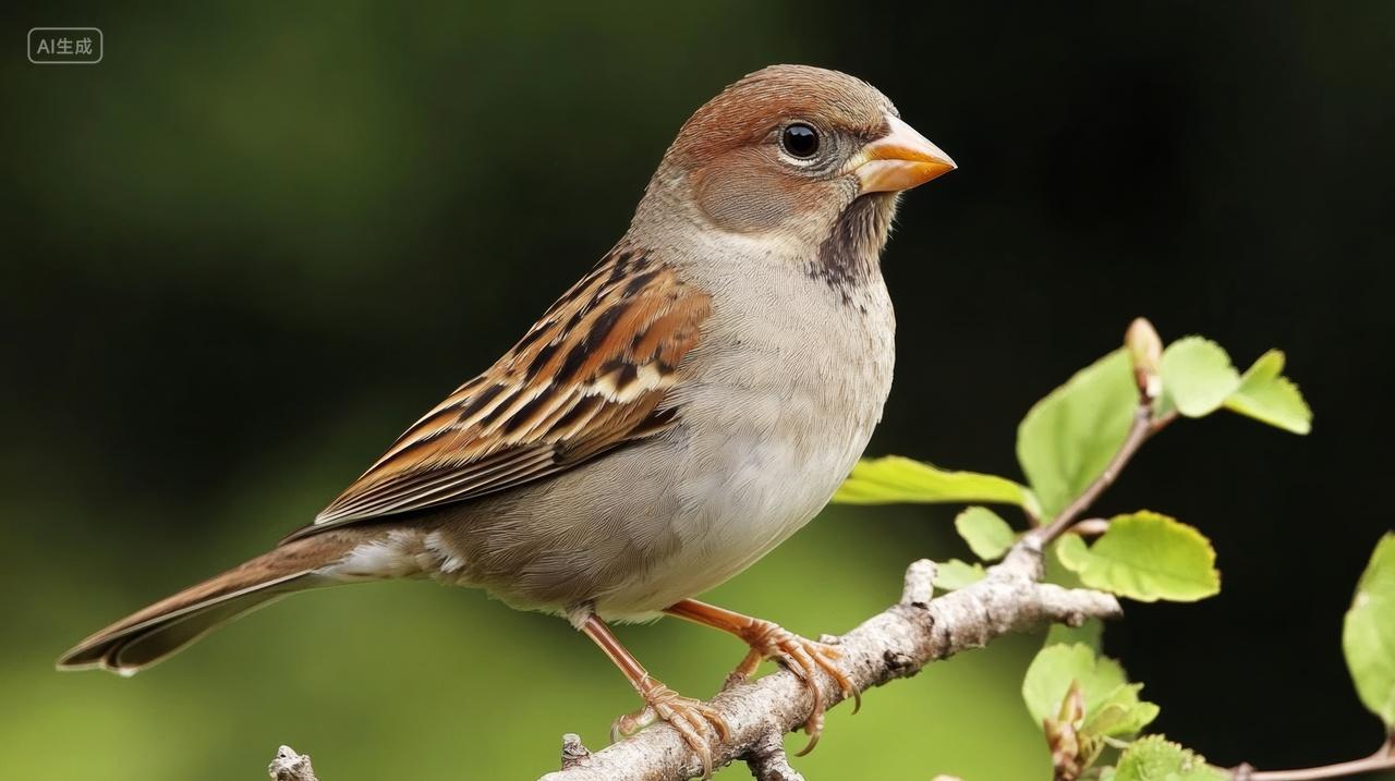 模糊背景树枝上的一只麻雀保护动物鸟类